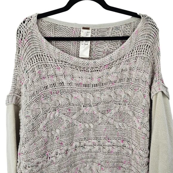 Free People Sweater Medium Cable Knit Fleece Layer Gray Scoop Neck Slouchy - Picture 3 of 9